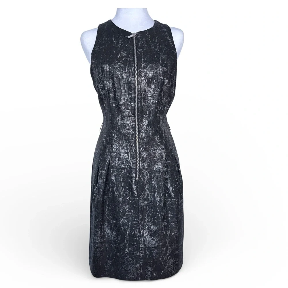 Michael Kors Silver Metallic Snake Zip-Front Sheath Black Dress Size 8 Corporate - Picture 2 of 7